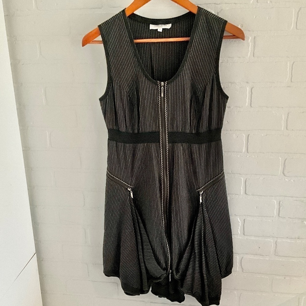 Vintage Y2K Mini dress Charcoal gray/black Pinstripe Artsy jumper Empire waist S